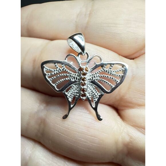 Sterling Silver Butterfly Pendant / Charm Red-Orange CZ Stones w/ Gift Box ๐ - Picture 6 of 7